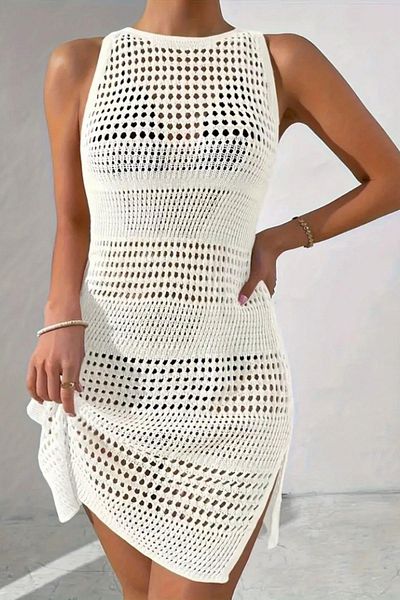 Mossta Backless Mesh Knitted Beach Dress - White