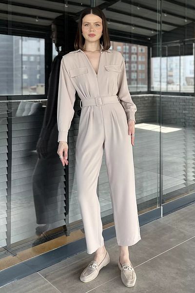 GÜLSELİ Stone V-Neck Belted Jumpsuit