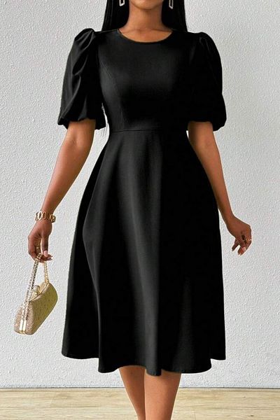 Mossta Balloon Sleeve Round Neck Midi Dress - Black