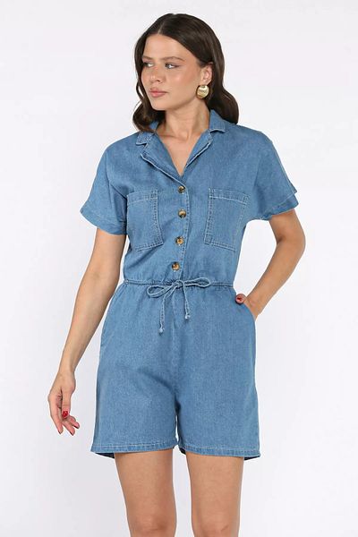 GÜLSELİ Blue Waistband Elastic pocket Denim Overalls