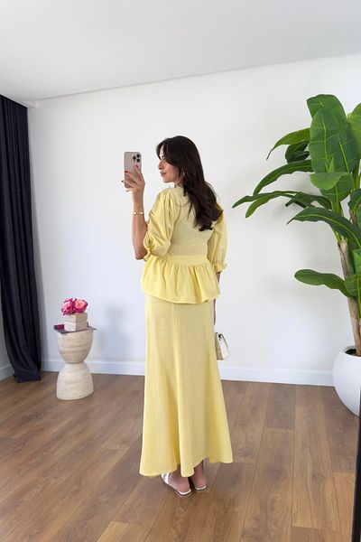 BİRCANÇİL Yeta Yellow Tie Detail Blouse Skirt Linen Suit