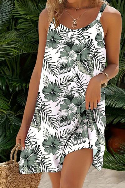 Mossta Floral Patterned Single Jersey Dress with Rope Straps - Green
