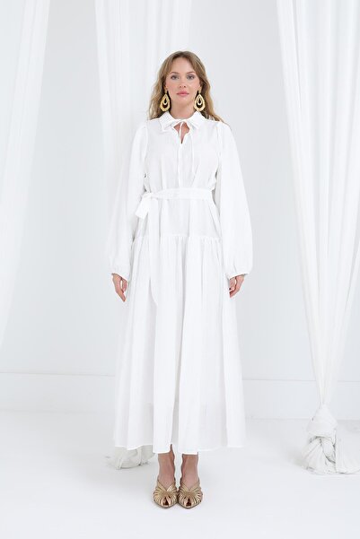 Puane Kadın Kuşaklı Balon Kol Uzun Elbise - 12628ELB - Ekru