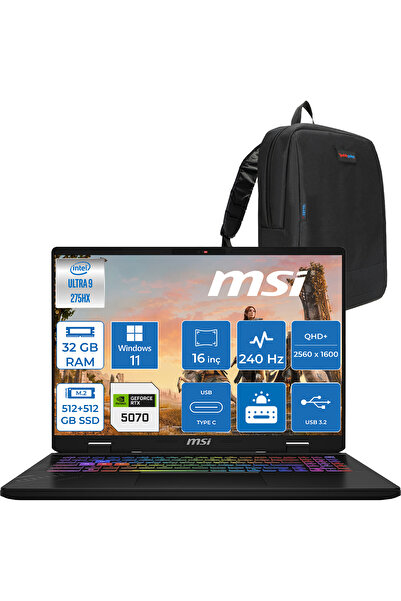 MSI Crosshaır 16 U9-275HX 32GB 512GB SSD+512GB 8GB/RTX5070 115W 16″ QHD+ 240H...