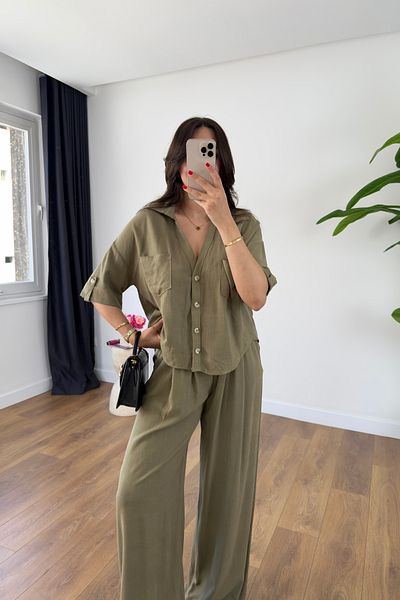 BİRCANÇİL Peria Khaki Pocket Detailed Shirt Trousers Set