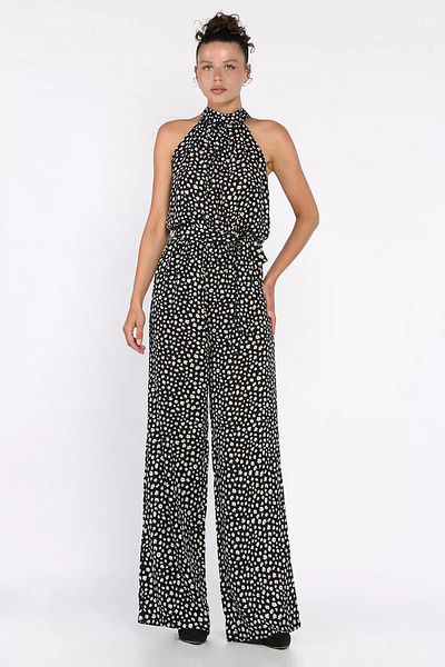 GÜLSELİ Black Belted Patterned Women's Jumpsuit