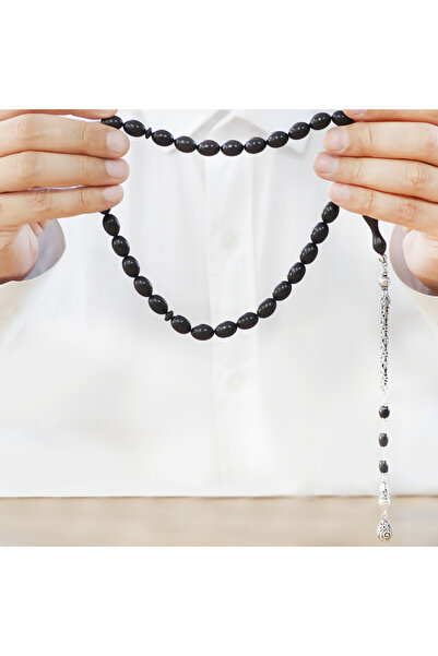 Tesbihane Ασημένια 925 χάντρες προσευχής από ξύλο έβενος με ειδική κοπή και φούντες από αλυσίδα βασιλιάς