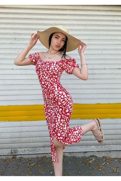 Moda Lounge Summer Daisy Pattern Watermelon Sleeve Slit Detail Dress