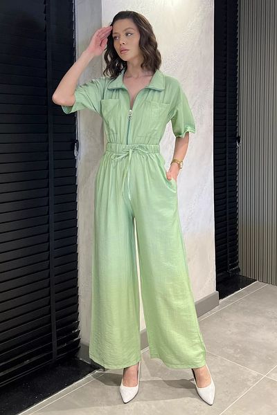 GÜLSELİ Watermelon Half-Zip Elastic Waist Short Sleeve Jumpsuit