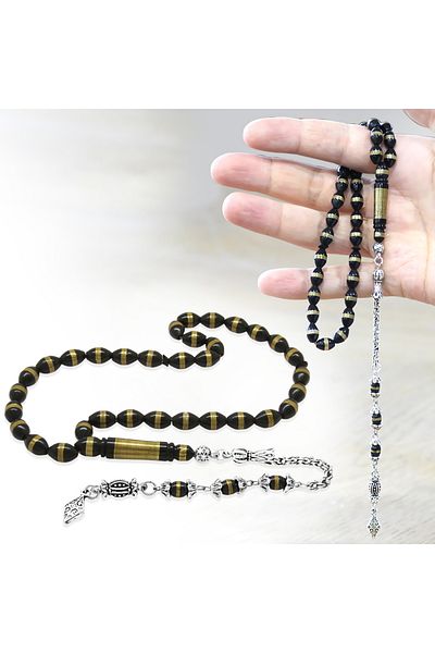 Tesbihane Tarnish-Free Metal Albanian Chain Tassel Brass Spiral Barley Cut Black Kuka Prayer Beads