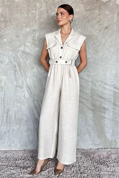 GÜLSELİ Stone Waist Elastic Belted Linen Jumpsuit