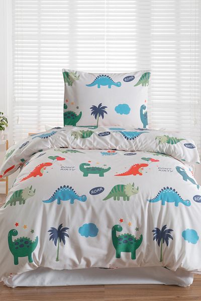 Eponj Home Single Cotton Duvet Cover Set 3 Pieces – Dinocuklar Pattern – White / Soft Textured