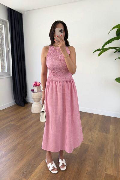 BİRCANÇİL Zr Yerta Pink White Gingham Maxi Length Dress