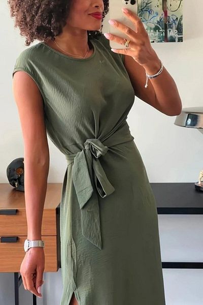 Mossta Lacing Detailed Slit Midi Aerobin Dress - Khaki