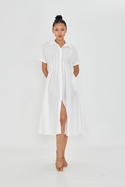 TIFFANY&TOMATO Pileli Gömlek Yaka Poplin Elbise