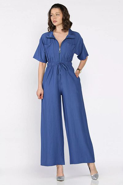 GÜLSELİ Indigo Half-Zip Waist Elastic Short Sleeve Jumpsuit