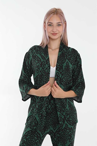 Cubbahomewear Kadın Koyu Yeşil Desenli Kimono Takım
