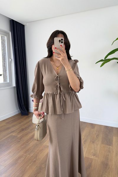 BİRCANÇİL Yeta Mink Tie Detail Blouse Skirt Linen Suit