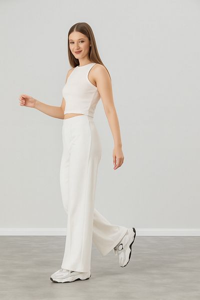Alos Women's White Modal Wide Leg Striped High Waist Soft Textured Lycra Trousers with Elastic Waist