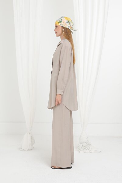 Puane Women's Asymmetrical Layer Detailed Shirt Trousers Suit-14351Tks - Beige