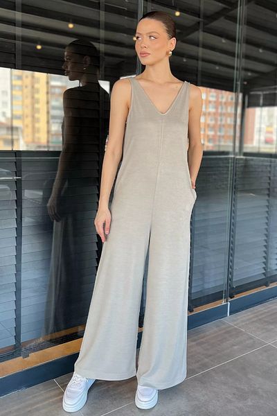 GÜLSELİ Dark Gray Women's Pocketed Wide Leg Jumpsuit