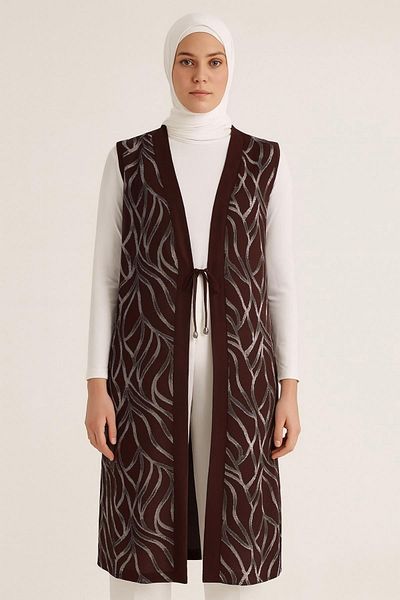 Ravencia Women's Silvery Line Patterned Brown Tunic Vest