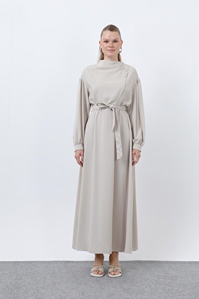 Puane Kadın Beli Kuşaklı Saten Elbise - 12608ELB - Bej