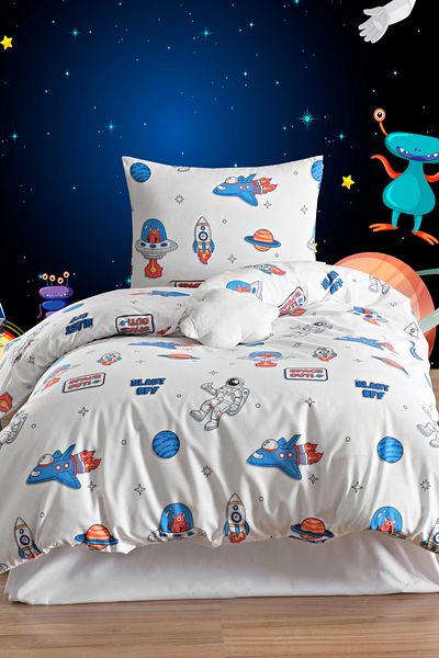 Eponj Home Single Cotton Duvet Cover Set 3 Pieces – Space Pattern – White / Soft Texture