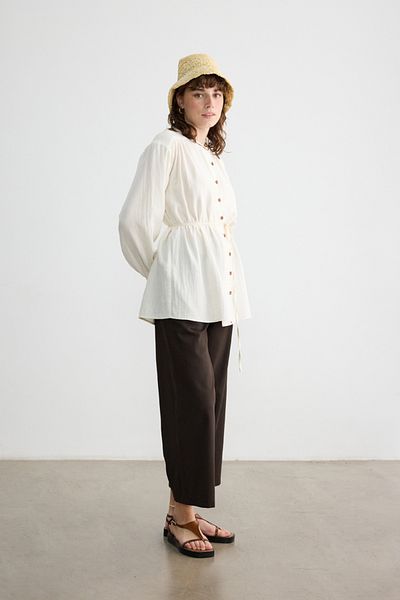 BE BLUE Ekru Wooden Buttoned Muslin Shirt