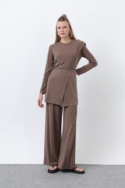 Puane Women's Shoulder Button Detailed Double Breasted Tunic Trousers Suit - 14341Tks - Brown