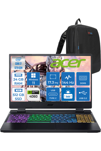 ACER Nitro 5 I7-12650H 24GB 512GB SSD 8GB/RTX4060 140W IPS 17.3" 144Hz Full H...