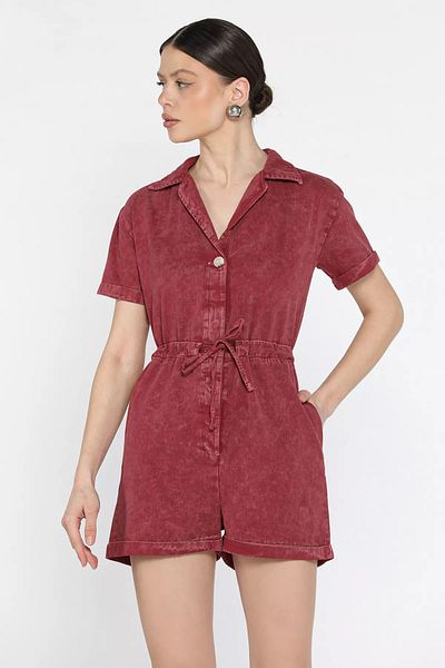 GÜLSELİ Burgundy Sleeve Folded Waist Lace-Up Jean Denim Overalls