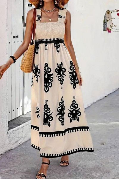 Mossta Square Neck Gipe Detailed Long Single Jersey Dress - Beige