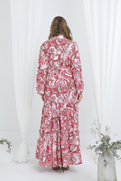 Puane Kadın Kuşaklı Baskı Detaylı Uzun Elbise -12636ELB - Gül