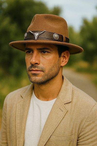 LAGRANZE Men's Cowboy Fedora Hat with Longhorn Figure Metal Detail