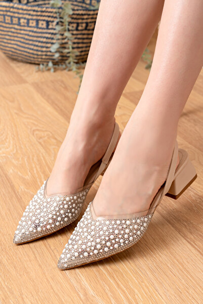 bakacstore Kadın Ten Şeffaf Boncuklu Günlük Gelinlik Çeyizlik Topuklu Ayakkabı