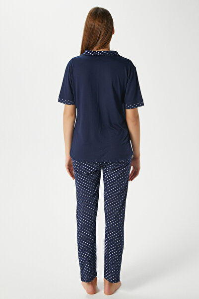 Ritnice Kadın Jolie Viskon Puantiyeli Ön Düğmeli Kısa Kol Lacivert Alt Üst Pijama Takımı