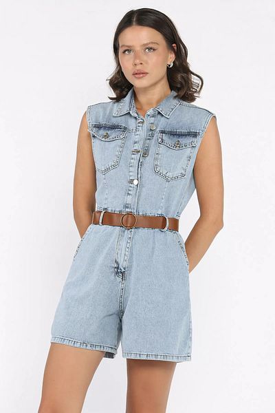 GÜLSELİ Salopetă din denim cu mâneci zero pentru femei Ice Blue