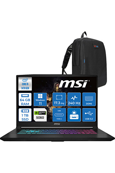 MSI Katana 17 Hx İ9-14900HX 64GB 1tb SSD 8GB/RTX5060 115W 17.3" Qhd 240Hz IPS...