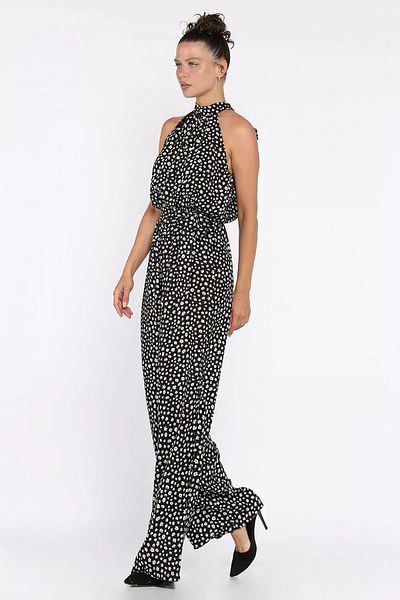 GÜLSELİ Black Belted Patterned Women's Jumpsuit