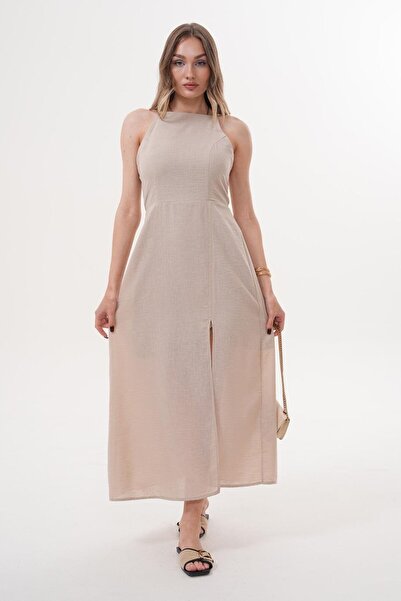 Flame İstanbul Butik Μάξι φόρεμα Y άνοιγμα σε χρώμα πέτρας με λεπτές τιράντες και λεπτομέρεια στο πίσω μέρος - MCK5059