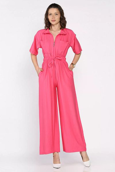 GÜLSELİ Fuchsia Half Zipper Waist Elastic Short Sleeve Jumpsuit