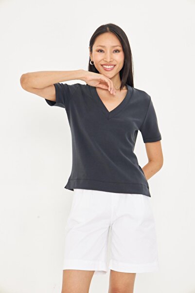 TIFFANY&TOMATO V Yaka Oversize Modal T-shirt - Siyah