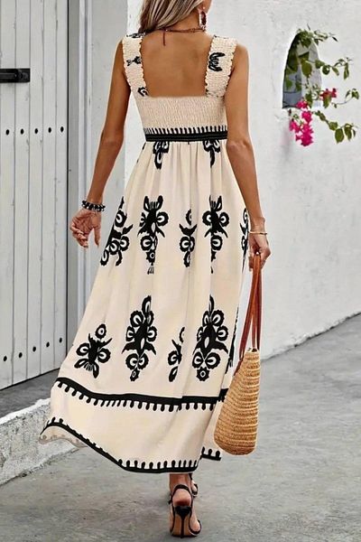Mossta Square Neck Gipe Detailed Long Single Jersey Dress - Beige