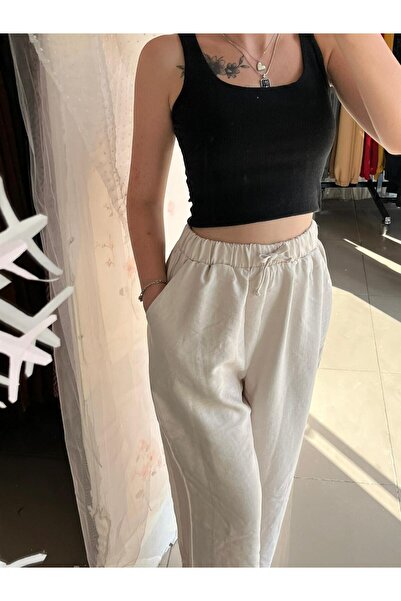 Sublime Butik Beli Lastikli Keten Kadın Pantolon
