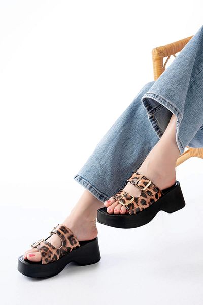 TB Terzi Bey 24414-574 Leopard Patent Leather Daily Buckle Wedge Heel Women's Slippers
