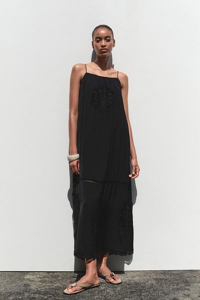 BRGCLOTHING Design Black Thin Strap Embroidered Dress