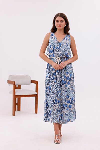 Pulli Collection Patterned Viscose Fabric Lace-Up Long Dress