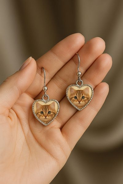 OEM Heart-shaped earrings, with cat pattern, handmade in Romania