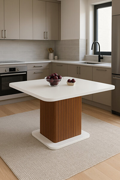 OlcayAksesuar Kuzey 90x90x75cm (36MM KALIN KENARLI) Kare Beyaz Sütunlu Mutfak Masası (SADECE MASADIR)